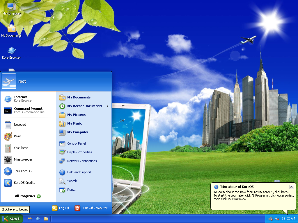 The actual KoreOS desktop: blue taskbar, two-column Start menu, and Kore Horizon wallpaper